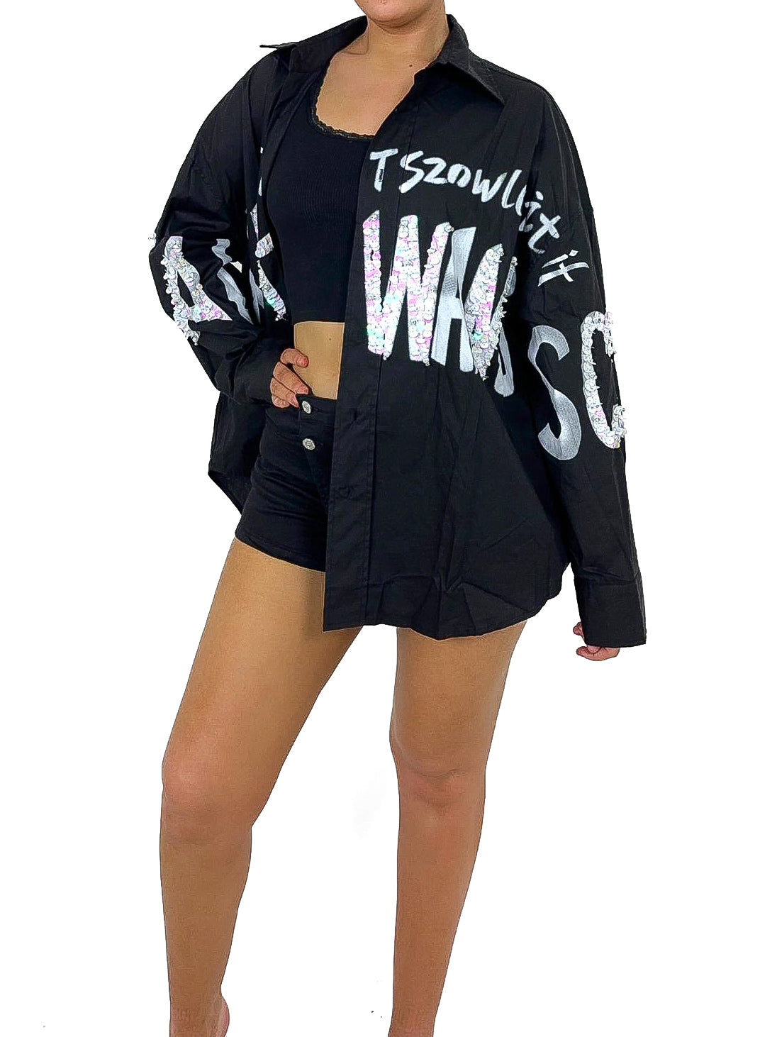 Sequin & Graffiti Print Oversized Shirt